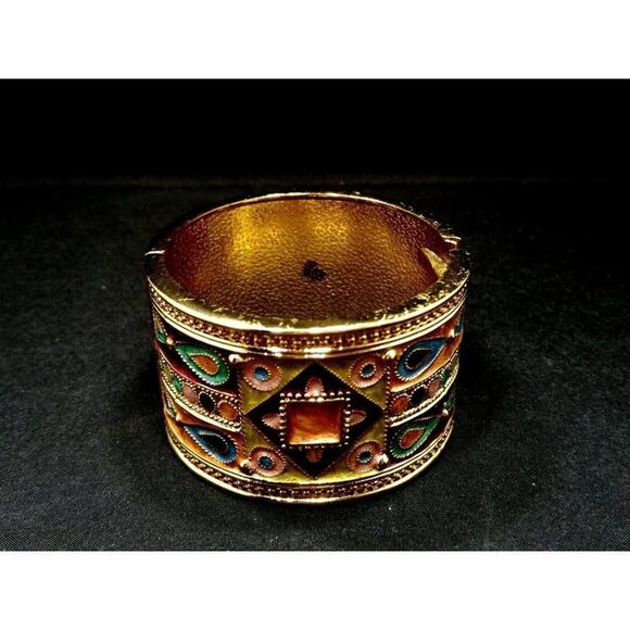 Wide Bangle Bracelet, Hinged Closure, Peach Pink Turquoise Enamel, 7 3/4 Inches - Picture 7 of 12